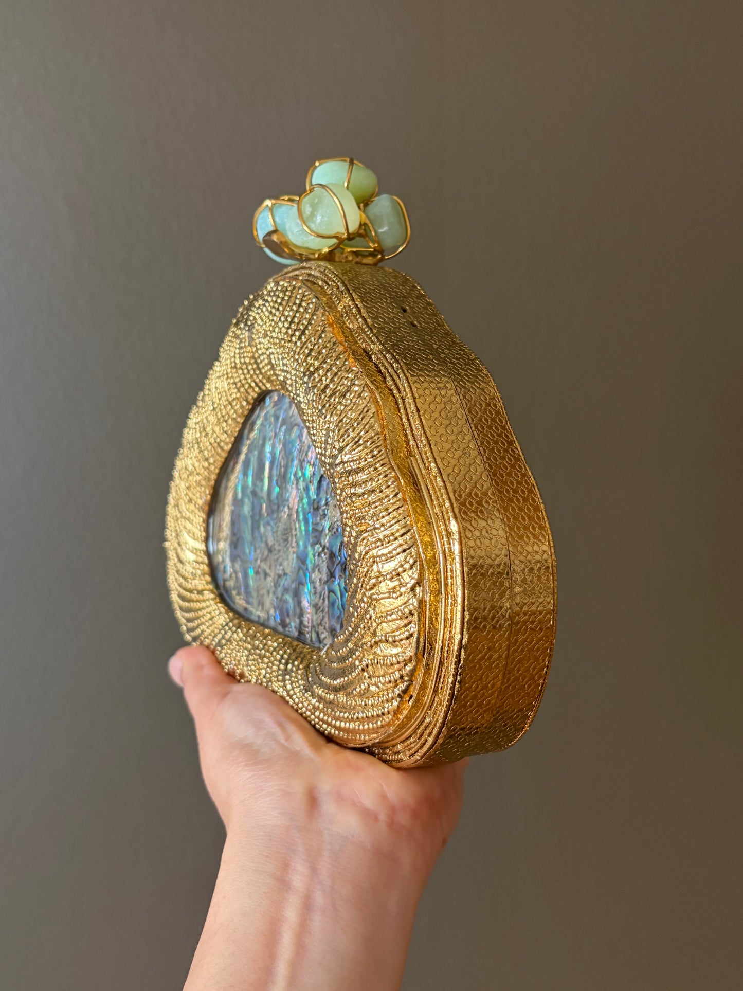 Gold Shell Clutch | Abalone Inlay, Aqua Stone Clasp Evening Bag