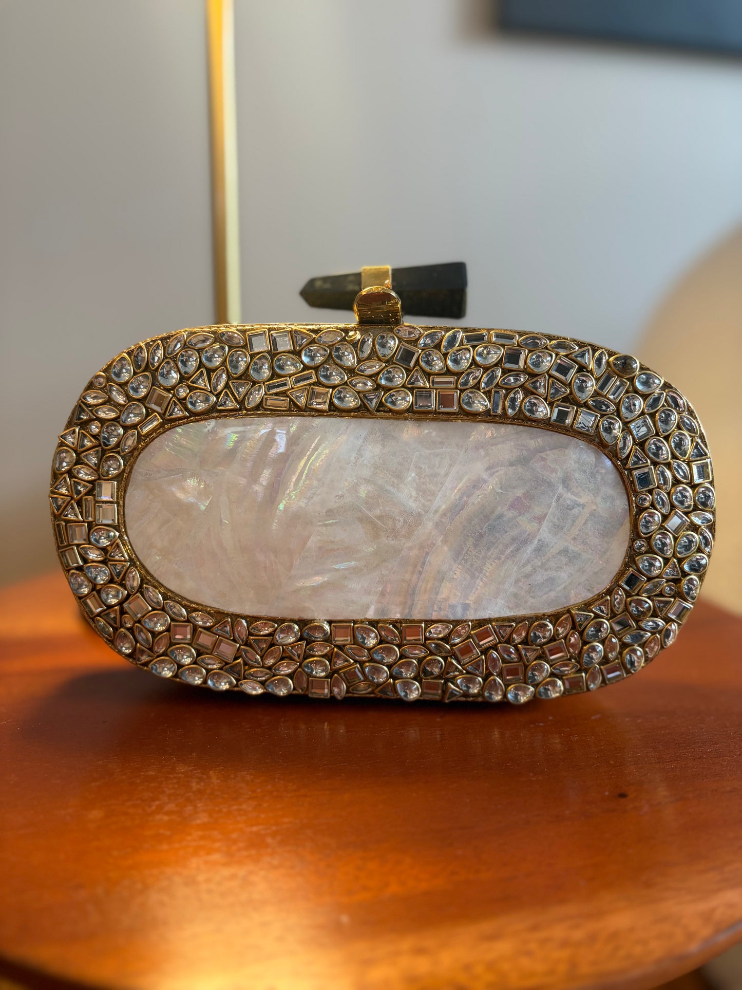 Handmade Mother of Pearl Clutch | Crystal Inlay, Black Stone Clasp