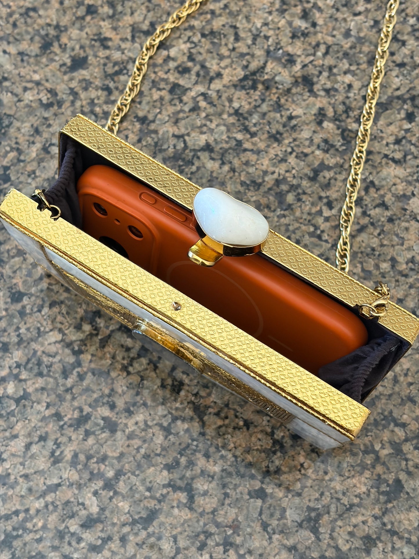 Handmade Mother of Pearl Clutch: Agate Stone Evening Bag