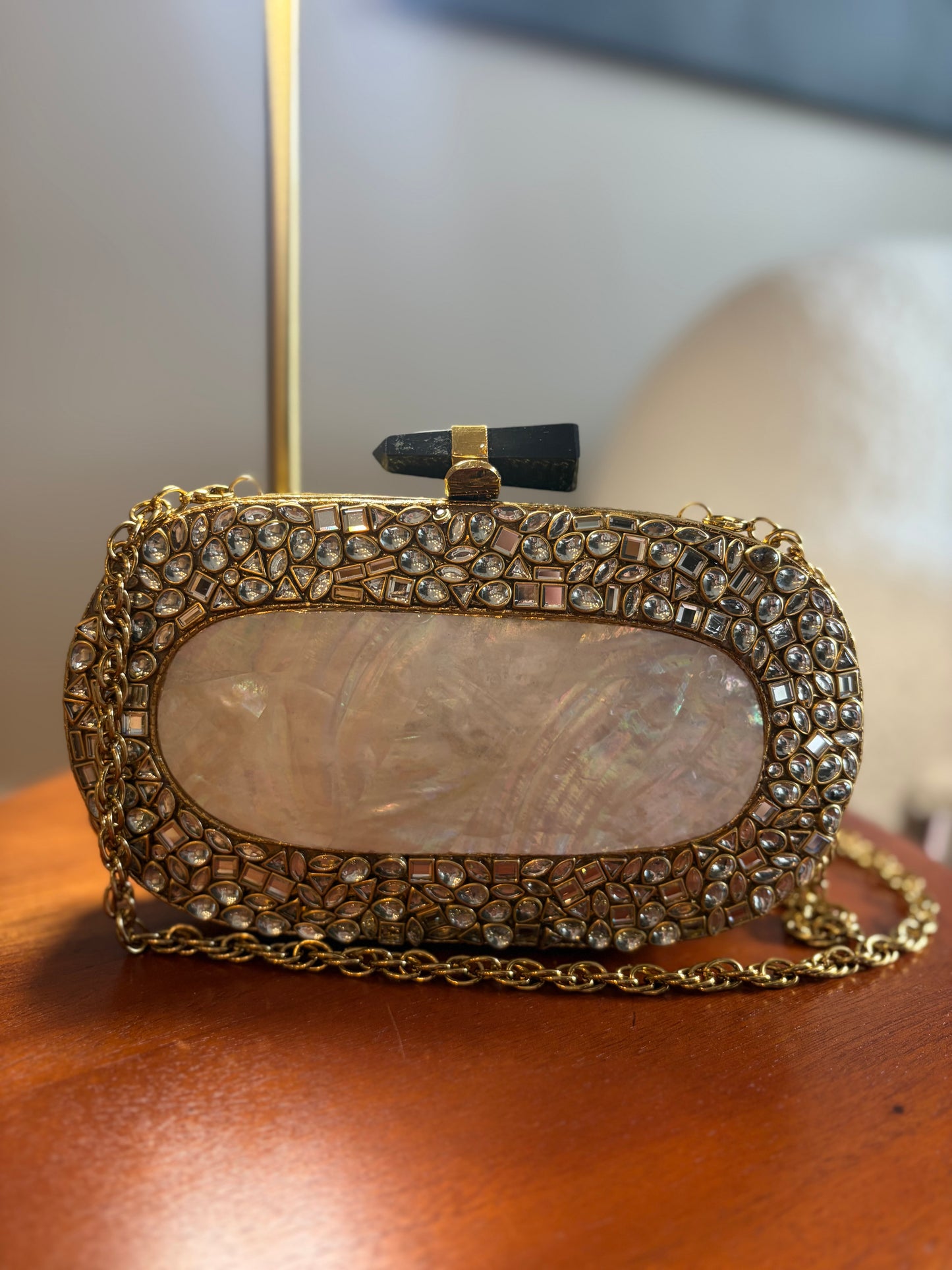 Handmade Mother of Pearl Clutch | Crystal Inlay, Black Stone Clasp