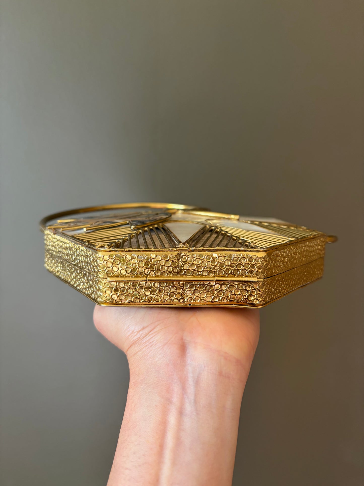 Art Deco Mother-of-Pearl Hexagon Clutch With Dual Gold Rings & Abalone Inlay