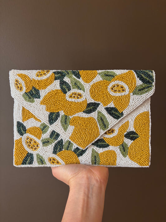 Handmade Lemon Beaded Clutch – Yellow Citrus Crossbody Bag