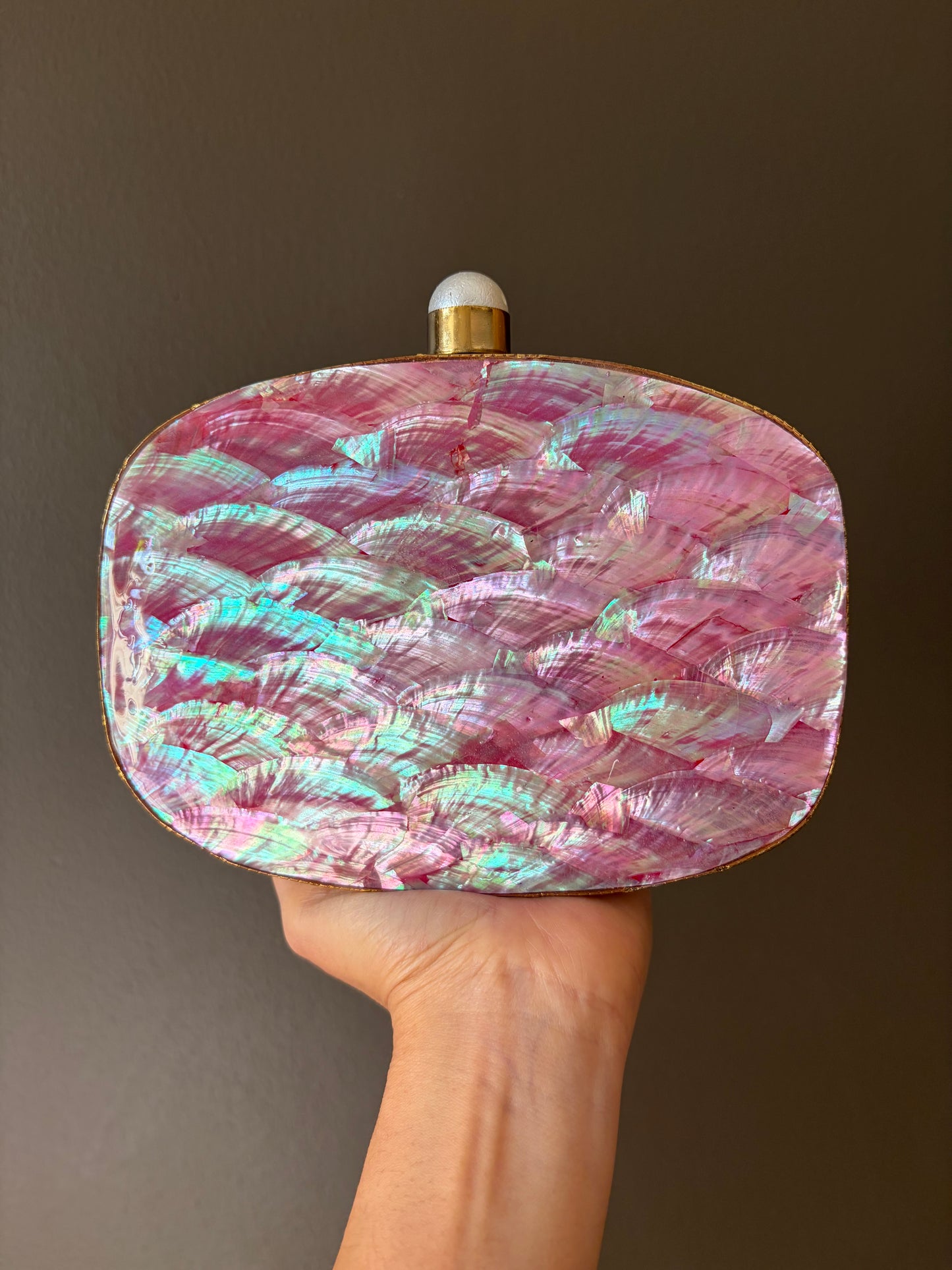 Handcrafted Gold and Pink Iridescent Shell Evening Clutch | Dual-Sided Luxury Purse with Chain | Perfect for Weddings & Special Events.