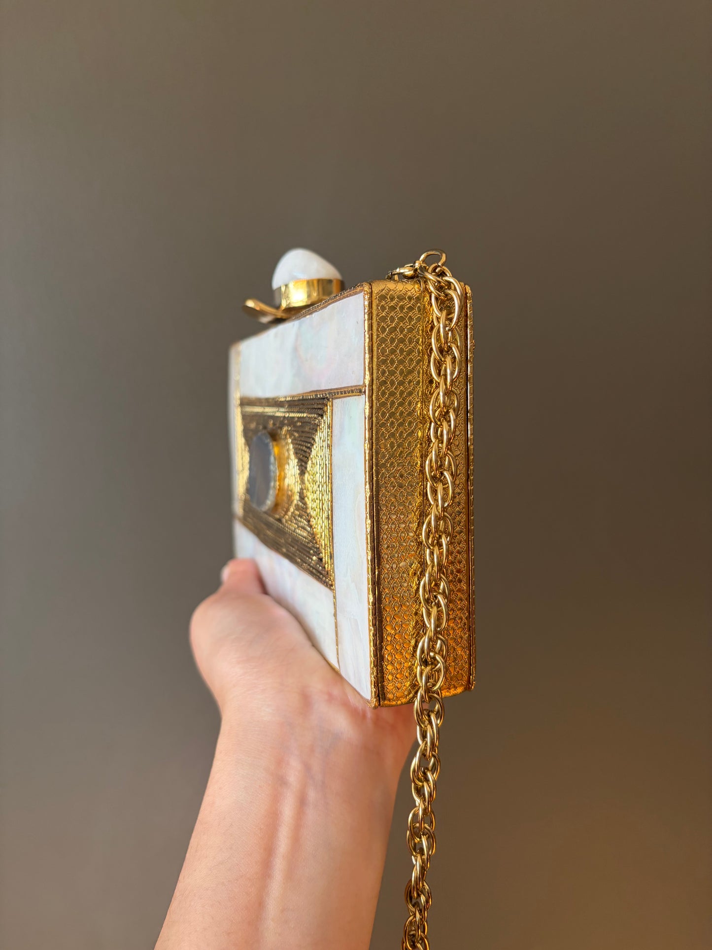 Handmade Mother of Pearl Clutch: Agate Stone Evening Bag