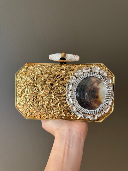 Gold Geode Clutch – Luxury Agate Stone Evening Bag with Pearl Chain