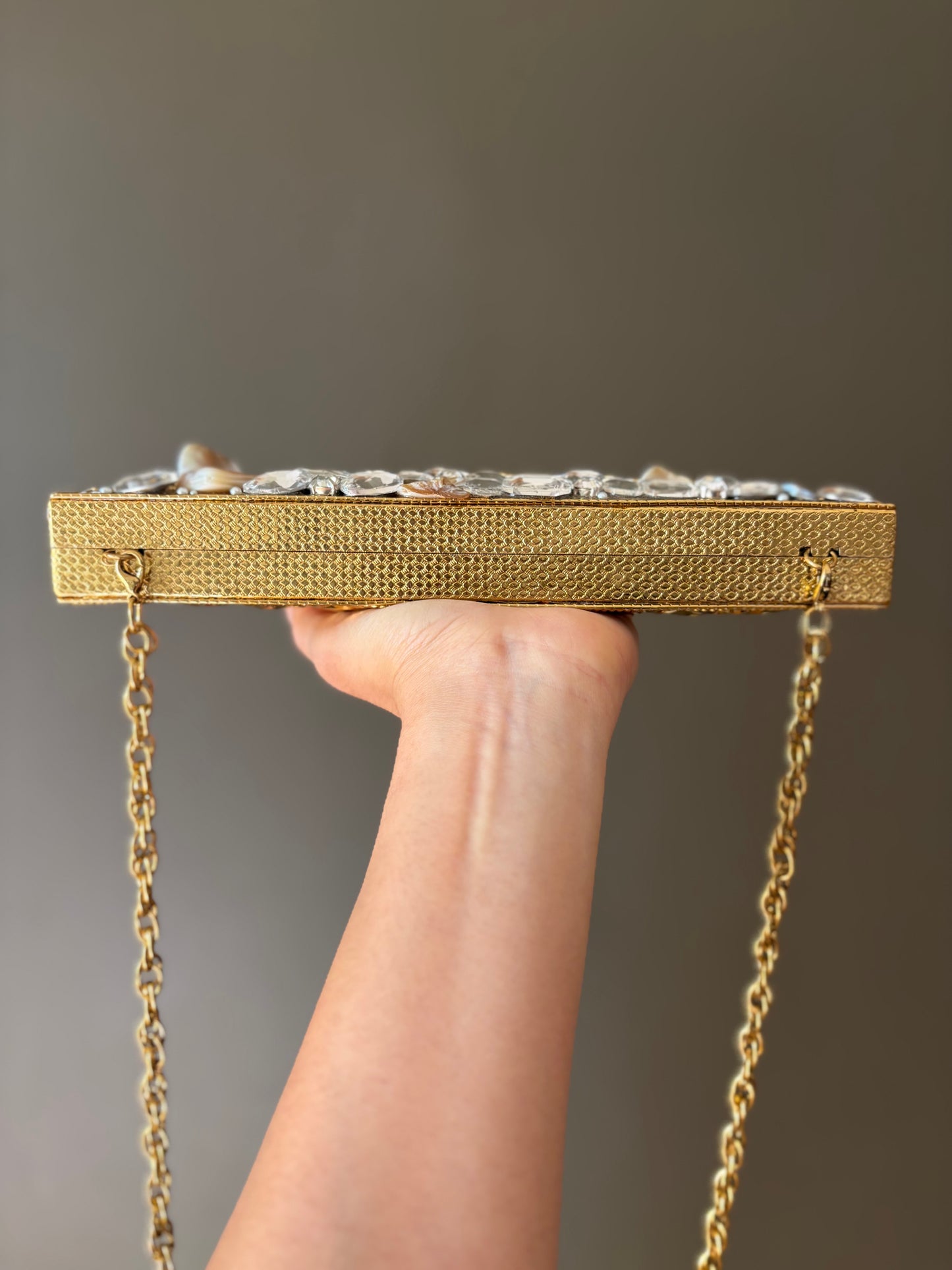 Mother of Pearl Half Moon Clutch – Gold Crystal Evening Handbag