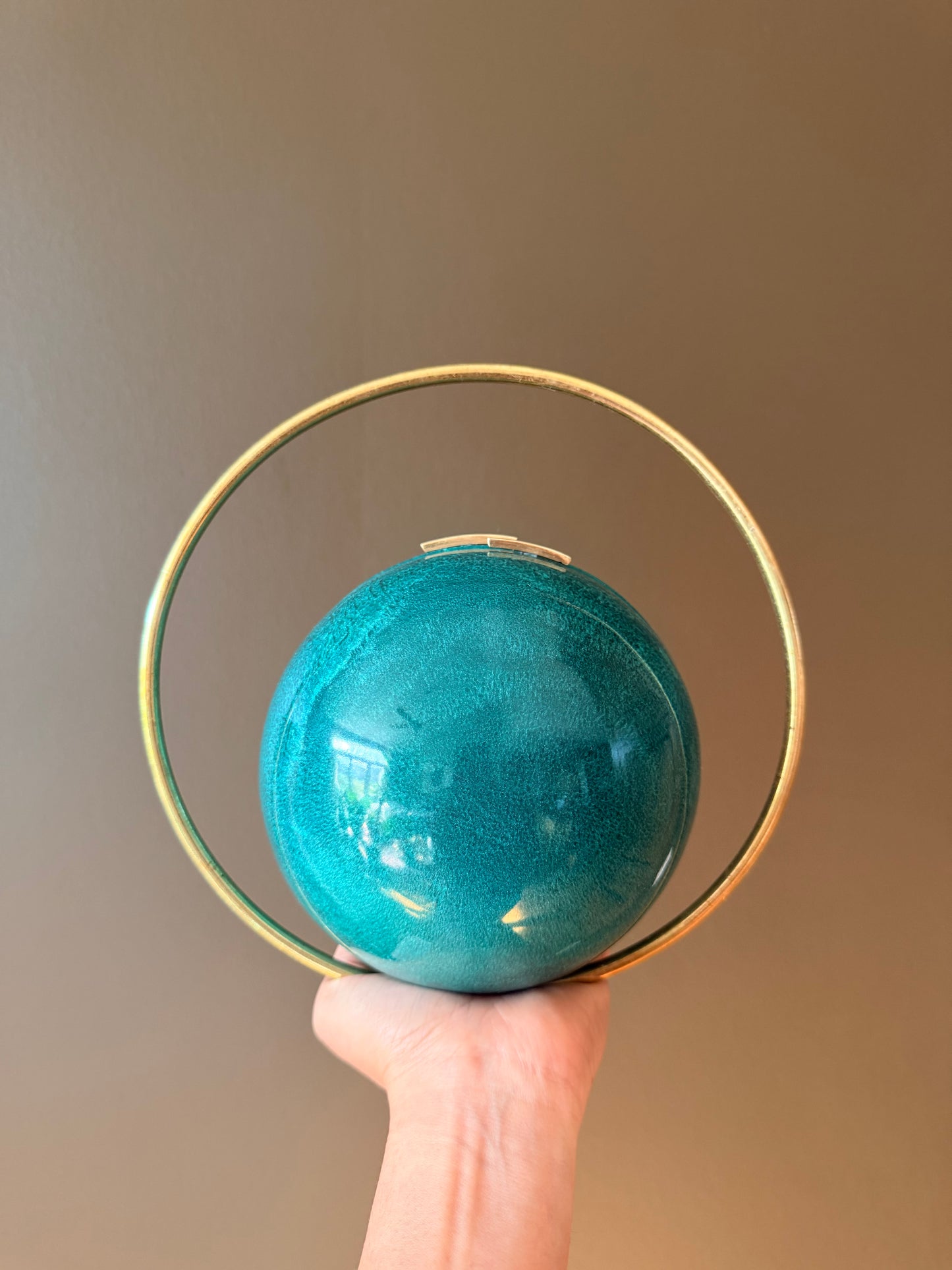 Handmade Turquoise Sphere Clutch with Gold Halo Handle | Round Evening Bag | Unique Statement Purse | Wedding Party Clutch | Gift for Her