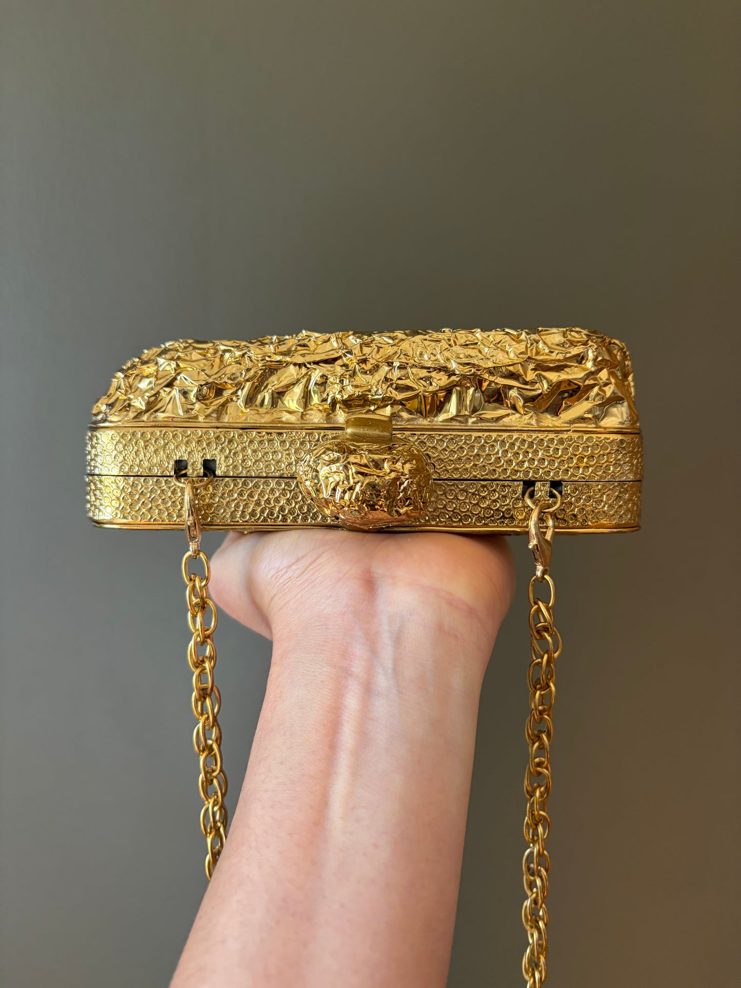 Sculpted Gold Textured Clutch With Authentic Abalone Shell Centerpiece