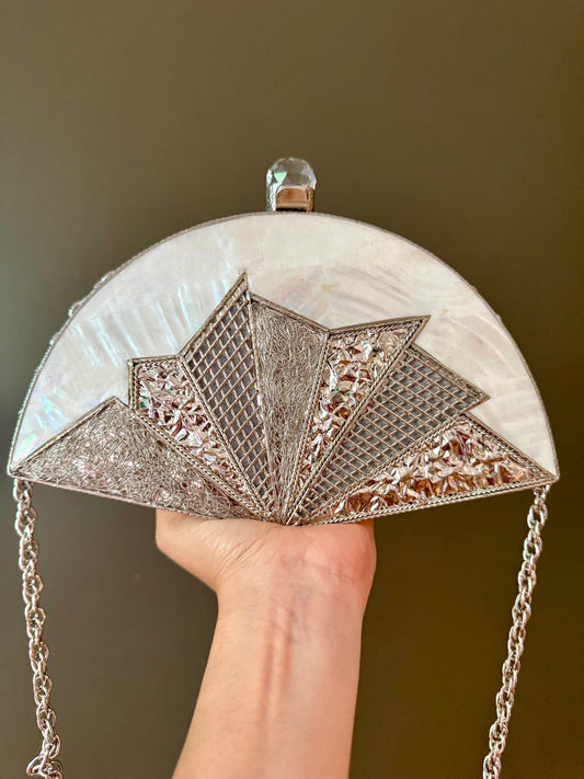Art Deco Mother of Pearl Clutch – Silver Filigree Fan Design, Half-Moon Evening Bag with Crystal Clasp & Chain Strap
