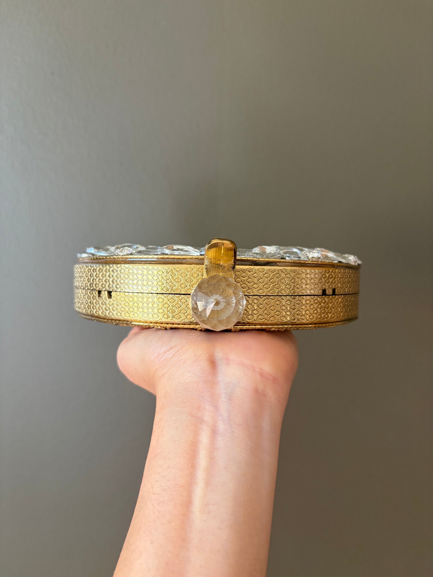 Crystal Rhinestone Round Clutch • Gold Textured Evening Bag