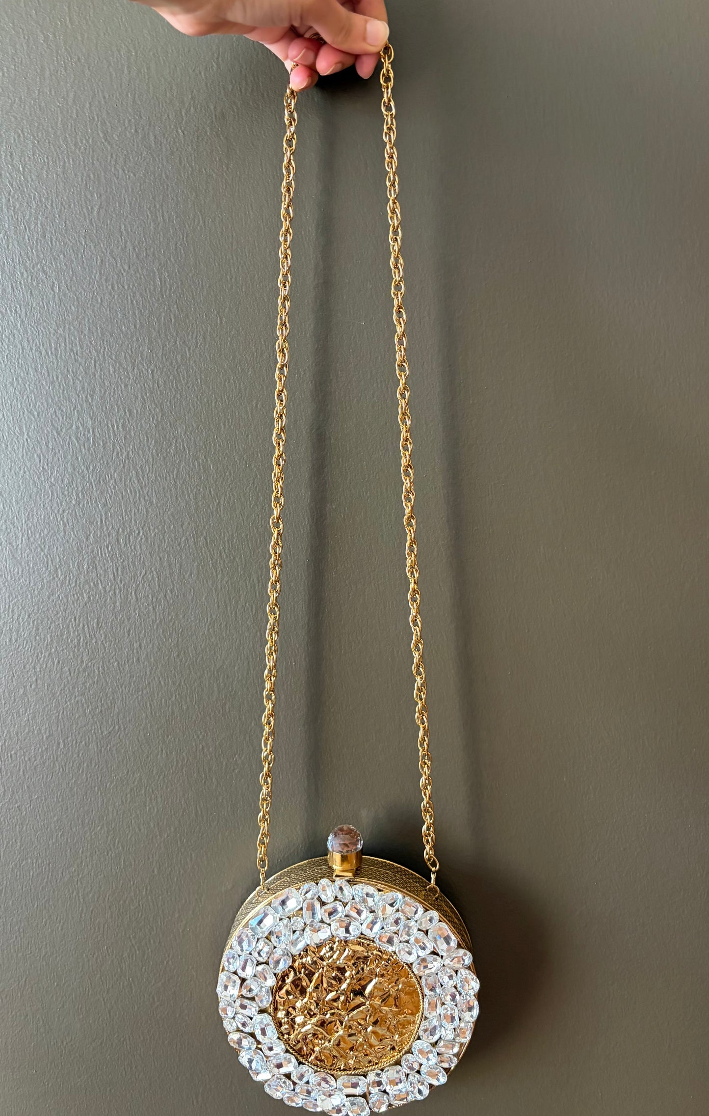 Crystal Rhinestone Round Clutch • Gold Textured Evening Bag