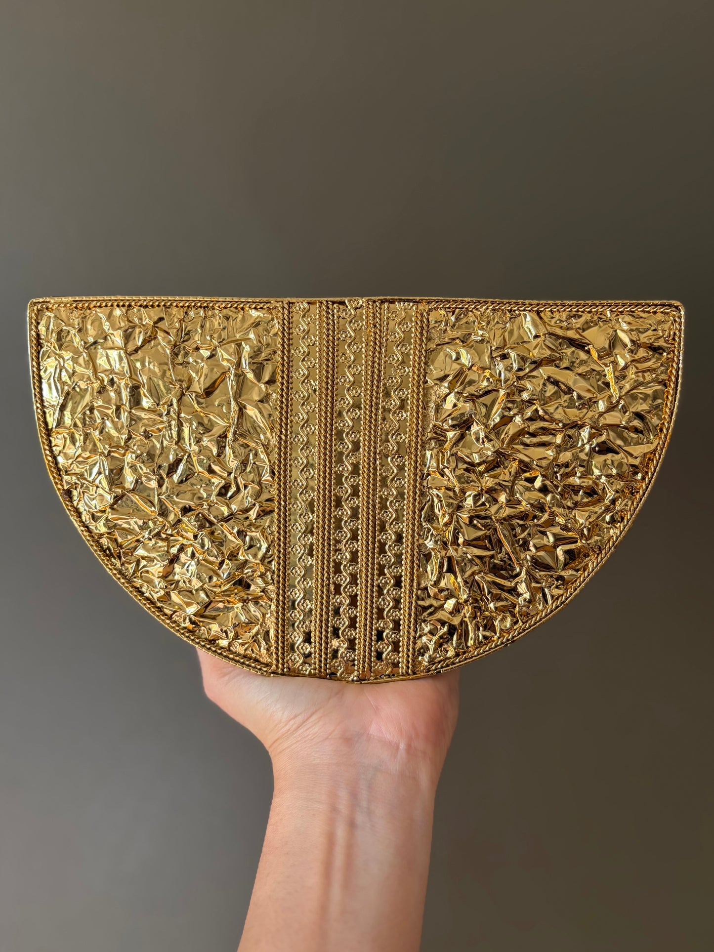 Mother of Pearl Half Moon Clutch – Gold Crystal Evening Handbag
