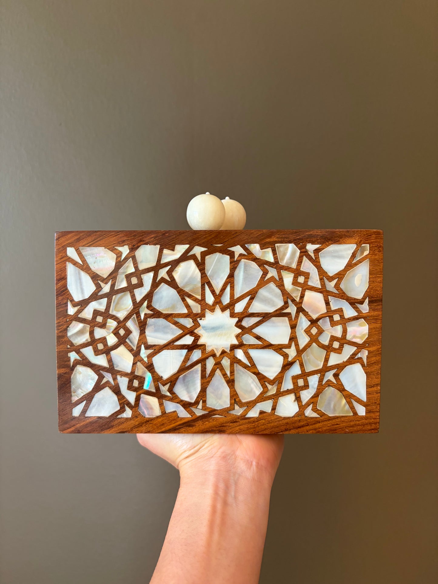 Handcrafted Wooden Mother of Pearl Clutch | Geometric Inlay Box Purse | Luxury Evening Bag with Gold Chain