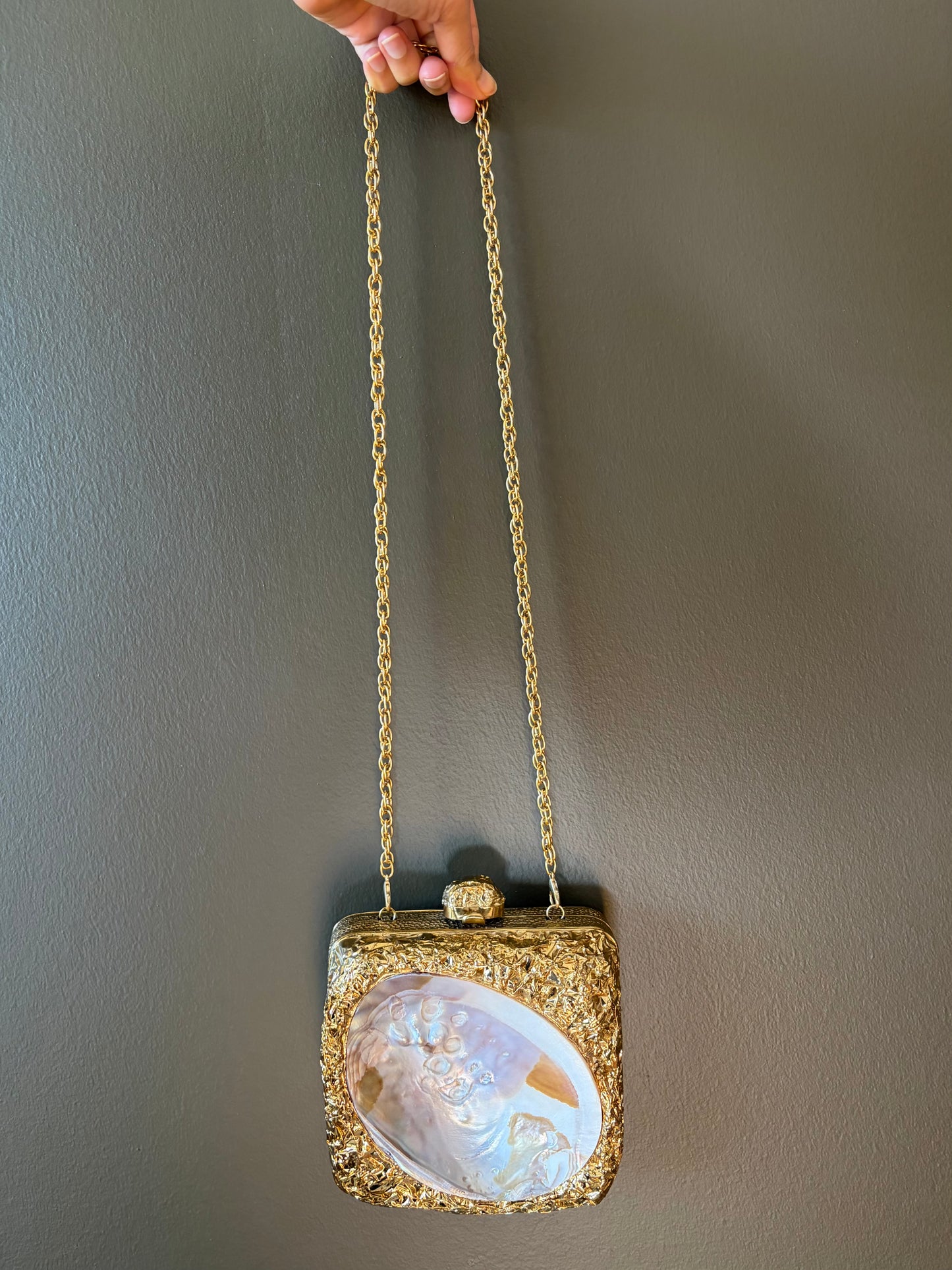 Sculpted Gold Textured Clutch With Authentic Abalone Shell Centerpiece