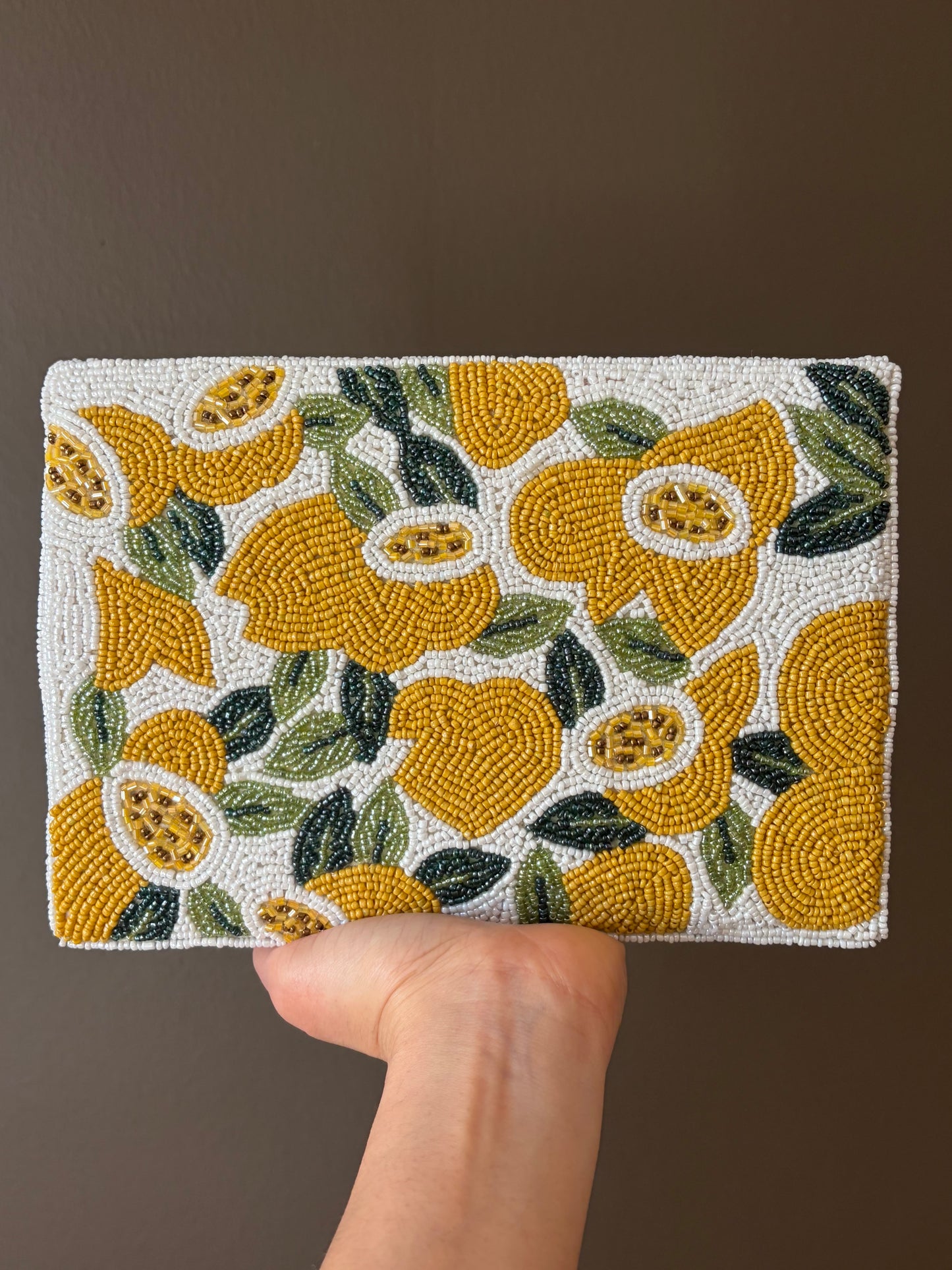 Handmade Lemon Beaded Clutch – Yellow Citrus Crossbody Bag