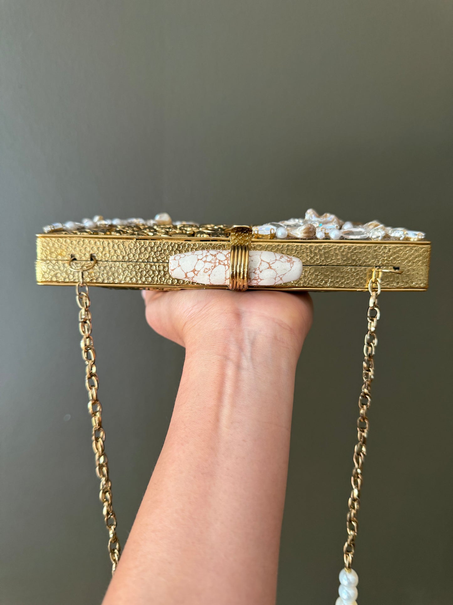 Gold Floral Couture Clutch With Pearls, Crystals & Marble Bar Clasp