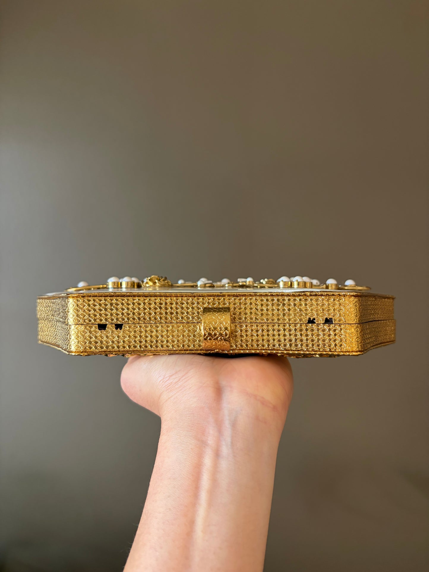 Mother-of-Pearl Gold Embellished Clutch Purse with Pearls & Floral Detailing