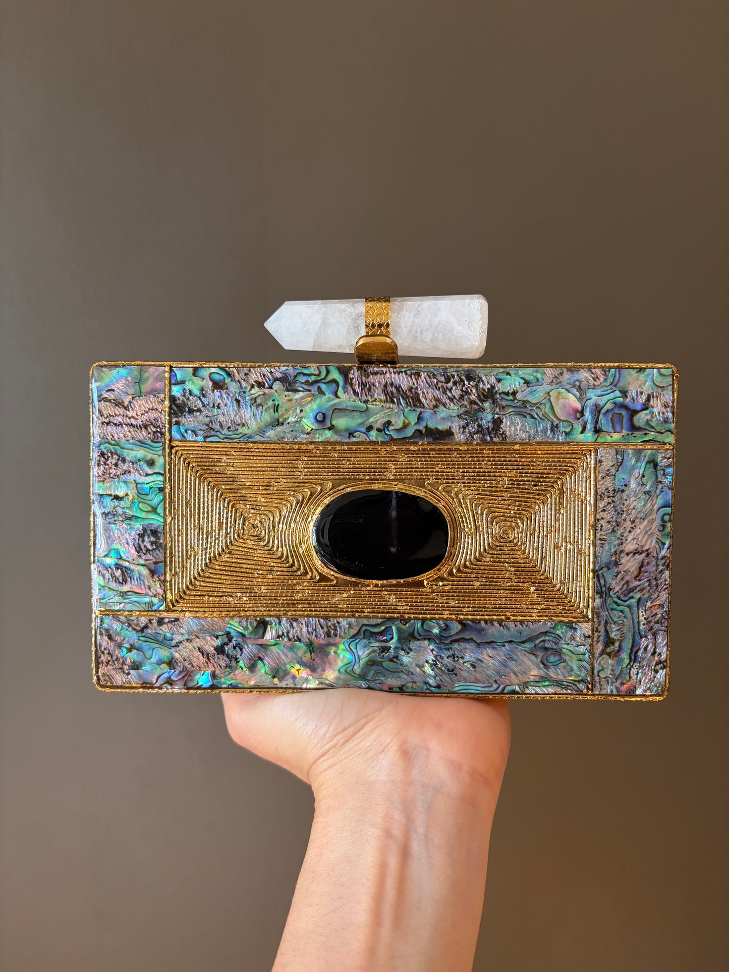 Abalone Shell Gold Clutch with Crystal Handle
