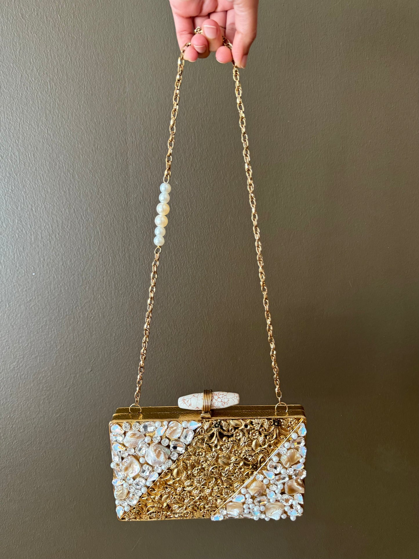 Gold Floral Couture Clutch With Pearls, Crystals & Marble Bar Clasp