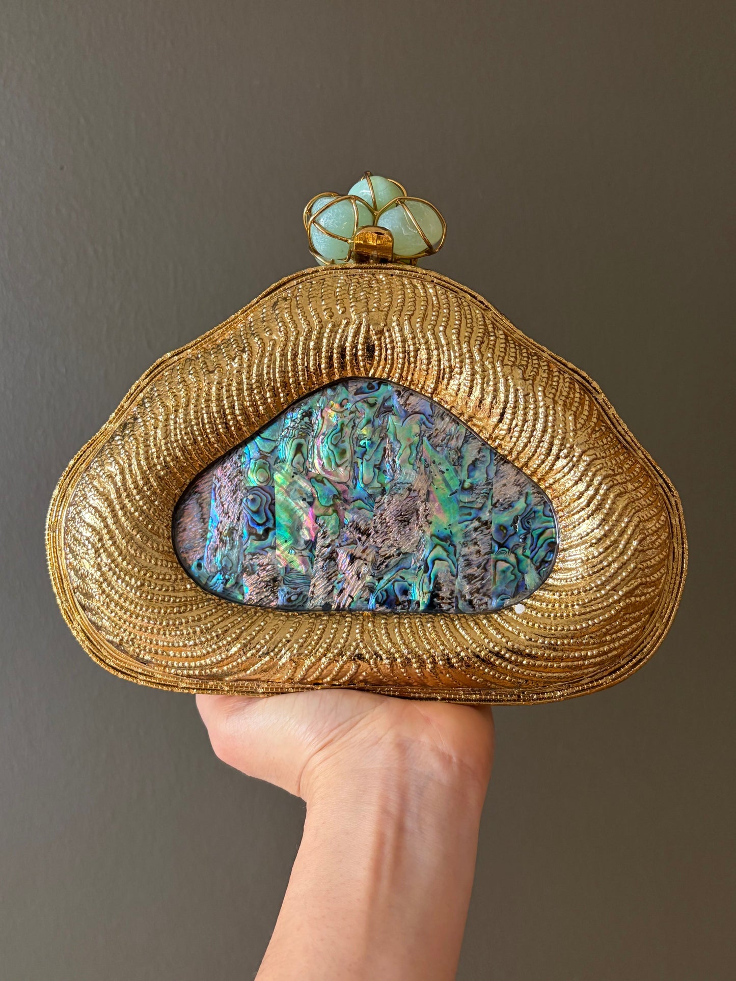 Gold Shell Clutch | Abalone Inlay, Aqua Stone Clasp Evening Bag