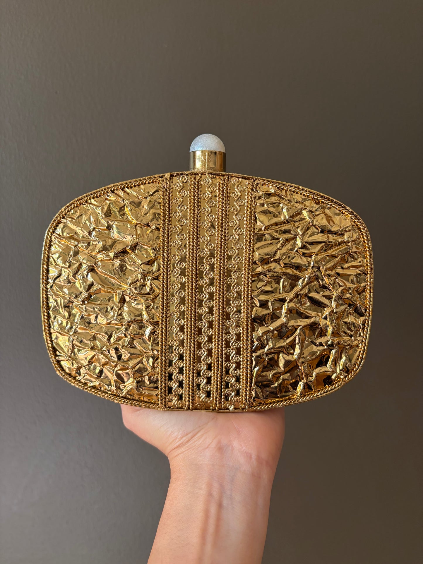Handcrafted Gold and Pink Iridescent Shell Evening Clutch | Dual-Sided Luxury Purse with Chain | Perfect for Weddings & Special Events.