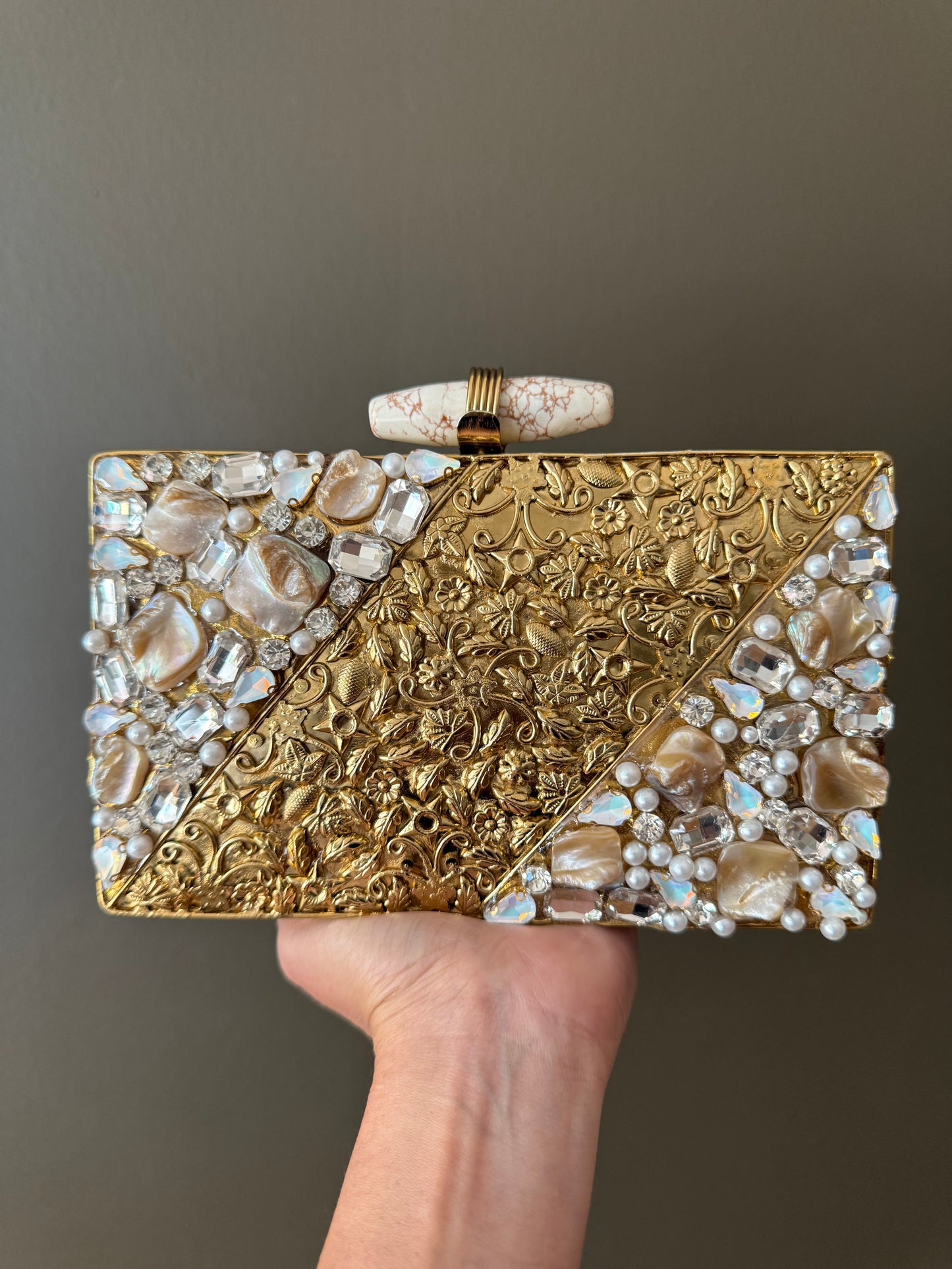 Gold Floral Couture Clutch With Pearls, Crystals & Marble Bar Clasp