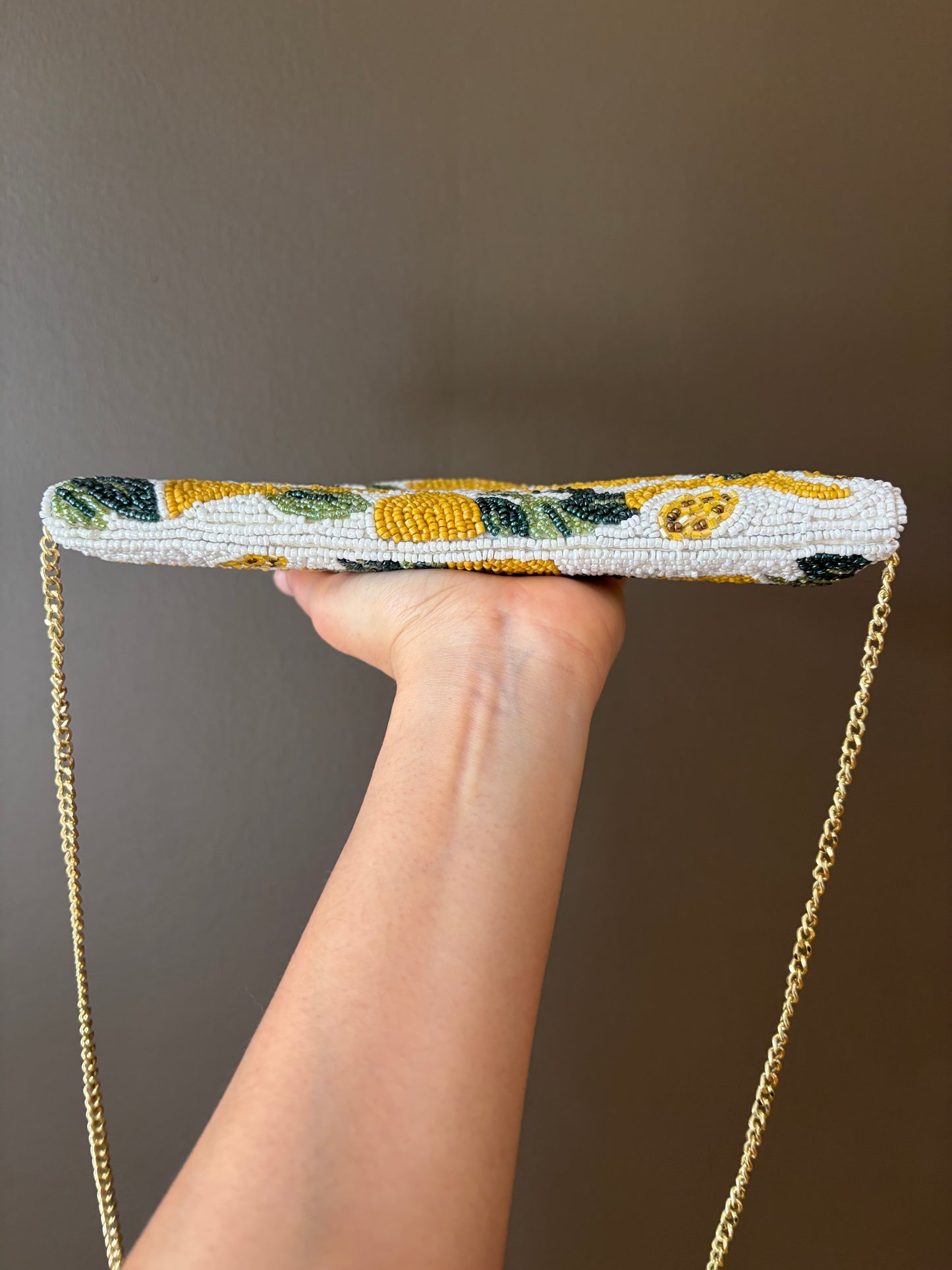 Handmade Lemon Beaded Clutch – Yellow Citrus Crossbody Bag