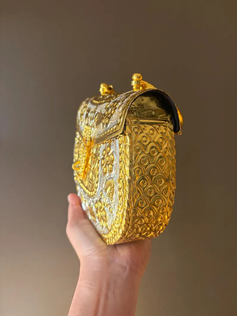 Handcrafted Gold Metal Clutch – Vintage Embossed Statement Evening Bag | Bridal & Wedding Purse