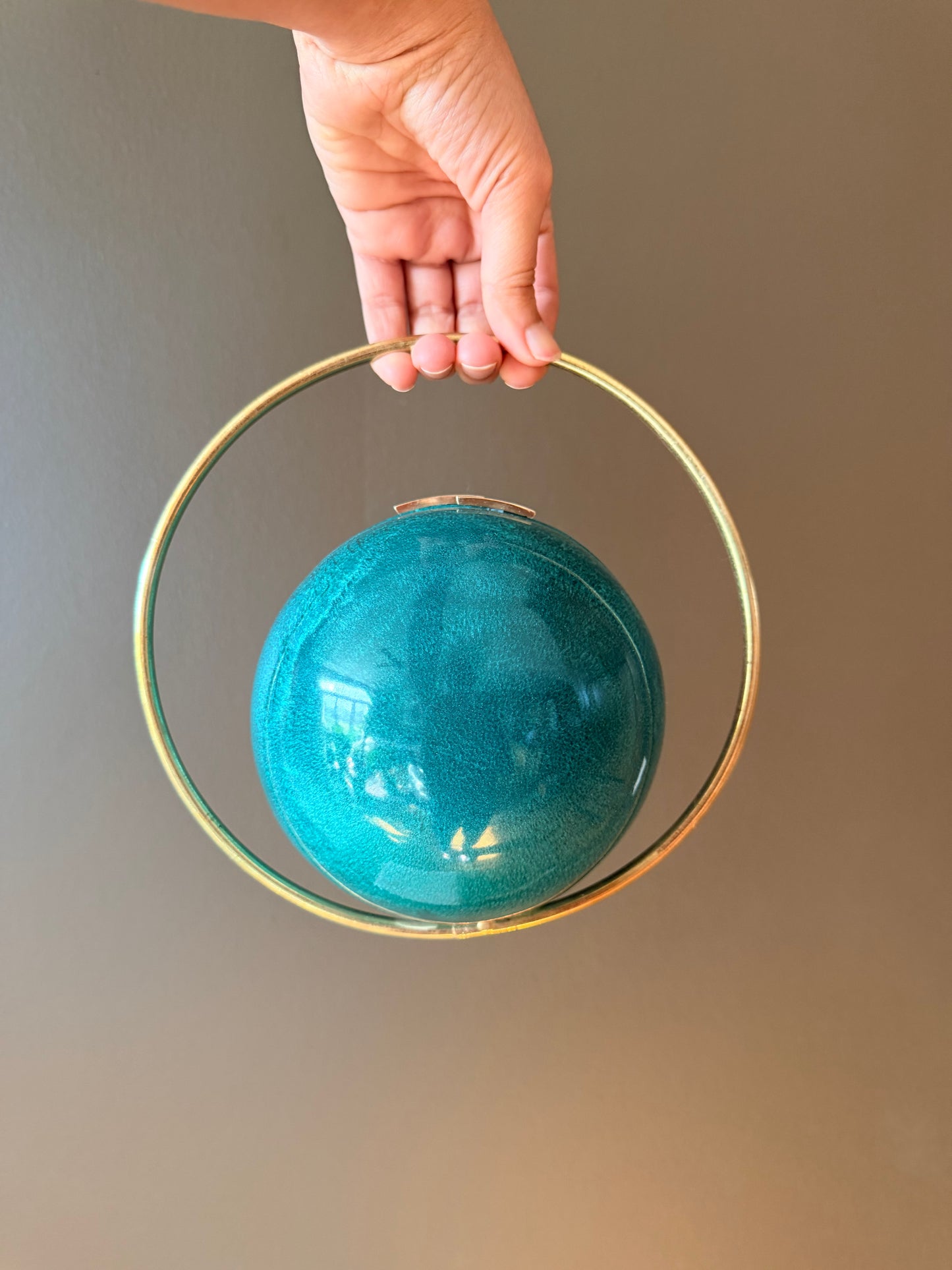 Handmade Turquoise Sphere Clutch with Gold Halo Handle | Round Evening Bag | Unique Statement Purse | Wedding Party Clutch | Gift for Her
