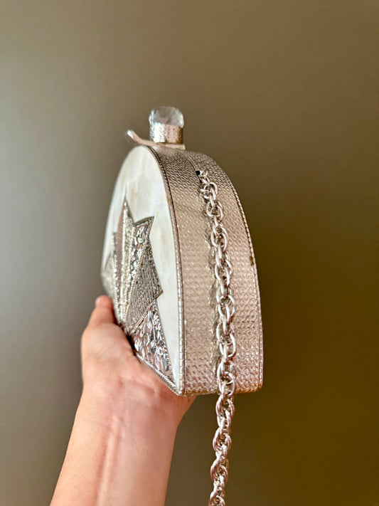 Art Deco Mother of Pearl Clutch – Silver Filigree Fan Design, Half-Moon Evening Bag with Crystal Clasp & Chain Strap