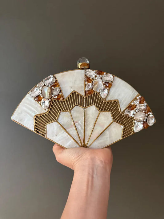 Art Deco Fan Clutch | Mother of Pearl Inlay & Gemstone Embellished Evening Bag | Gold Metal Purse with Chain Strap. Glamorous clutch