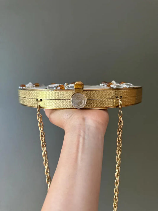 Art Deco Fan Clutch | Mother of Pearl Inlay & Gemstone Embellished Evening Bag | Gold Metal Purse with Chain Strap. Glamorous clutch