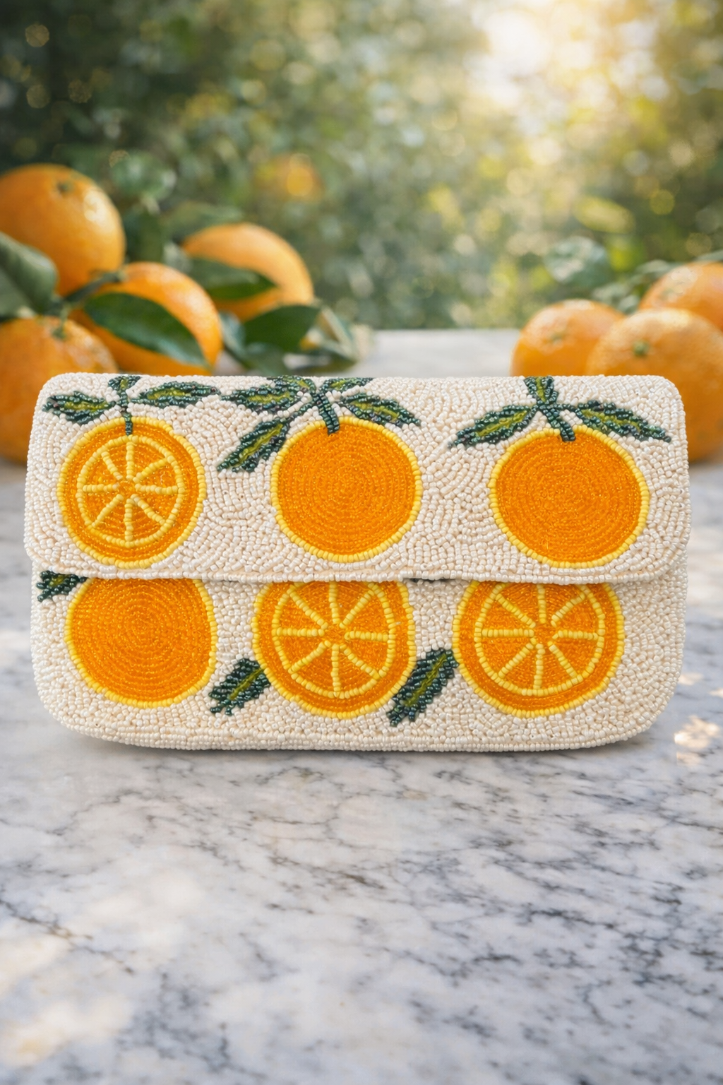 Beaded Orange Clutch Bag, Citrus Embroidered Handbag, Summer Statement Purse, Handmade Fruit Evening Bag, Vacation Resort Shoulder Bag