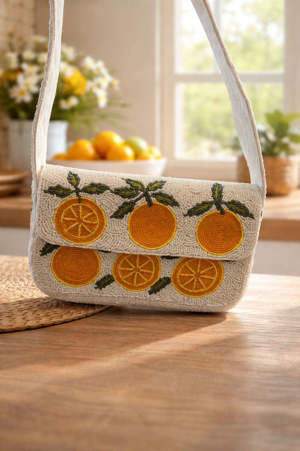 Beaded Orange Clutch Bag, Citrus Embroidered Handbag, Summer Statement Purse, Handmade Fruit Evening Bag, Vacation Resort Shoulder Bag