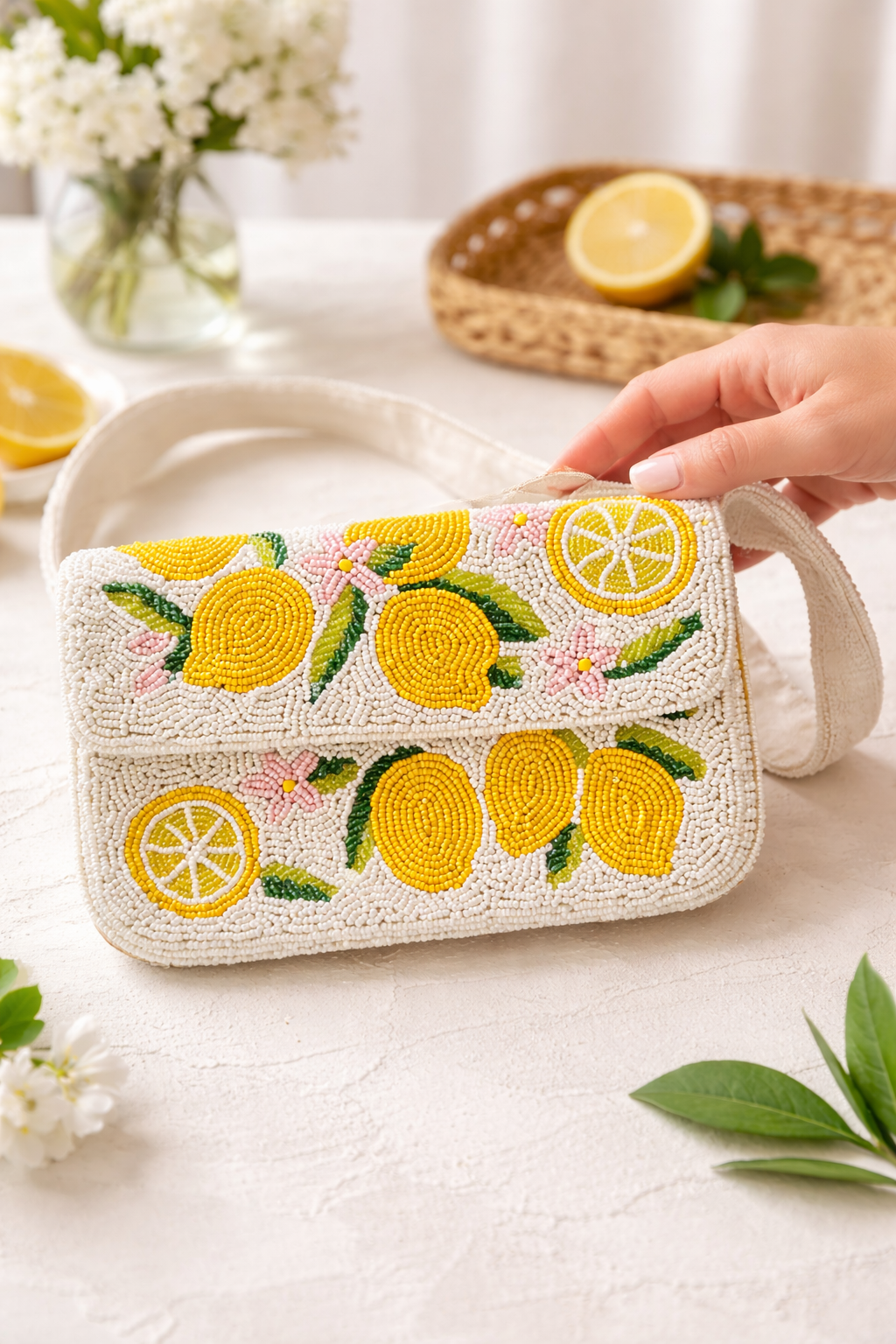 Limoncello Beaded Shoulder Bag in Ivory