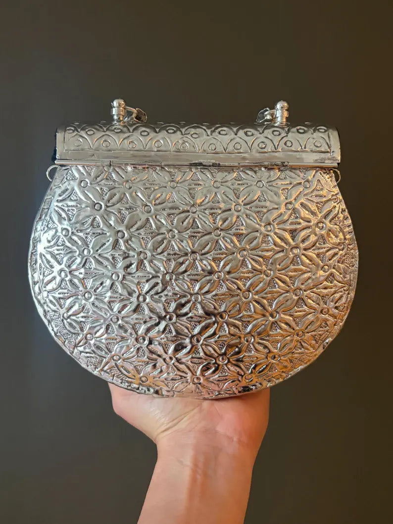 Antique Silver Embossed Statement Clutch – Handcrafted Floral Metal Bag with Ring Handle