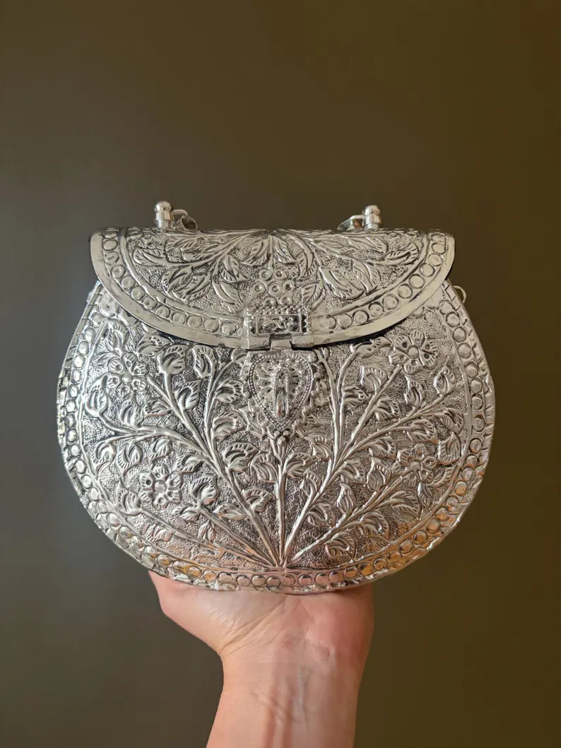 Antique Silver Embossed Statement Clutch – Handcrafted Floral Metal Bag with Ring Handle