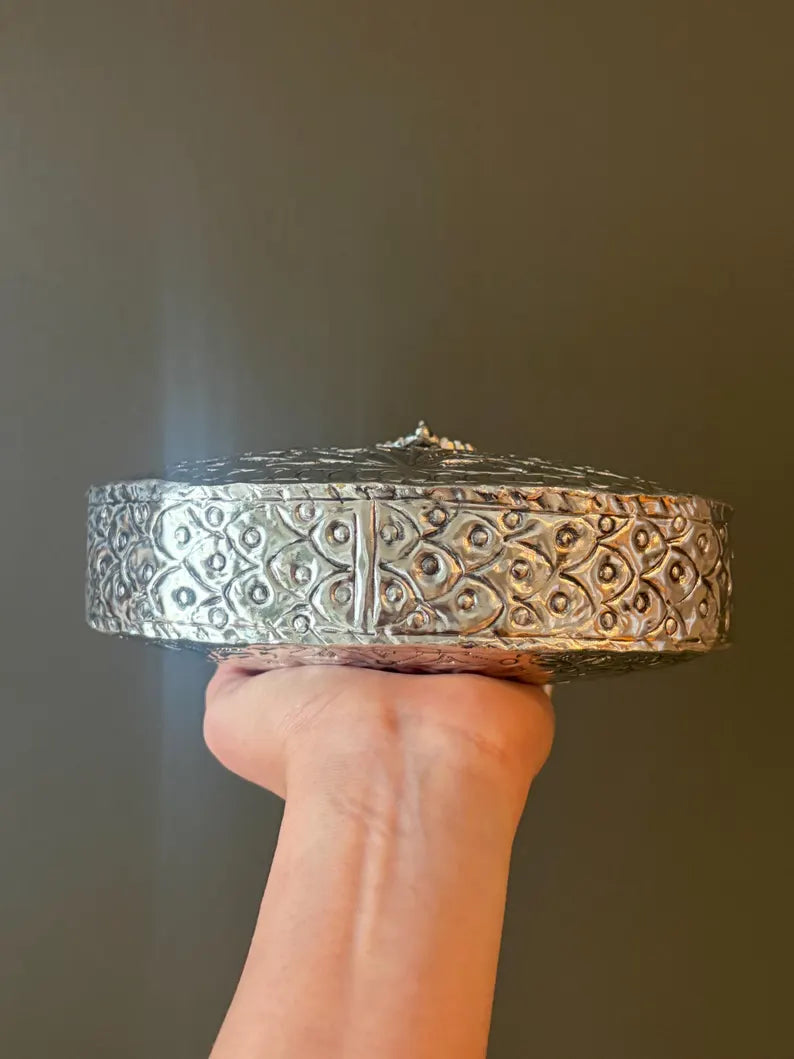 Antique Silver Embossed Statement Clutch – Handcrafted Floral Metal Bag with Ring Handle