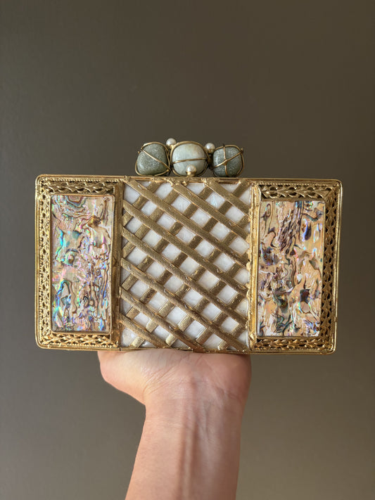Handmade Gold Clutch: Mother of Pearl, Crystal, Rose Quartz Closure