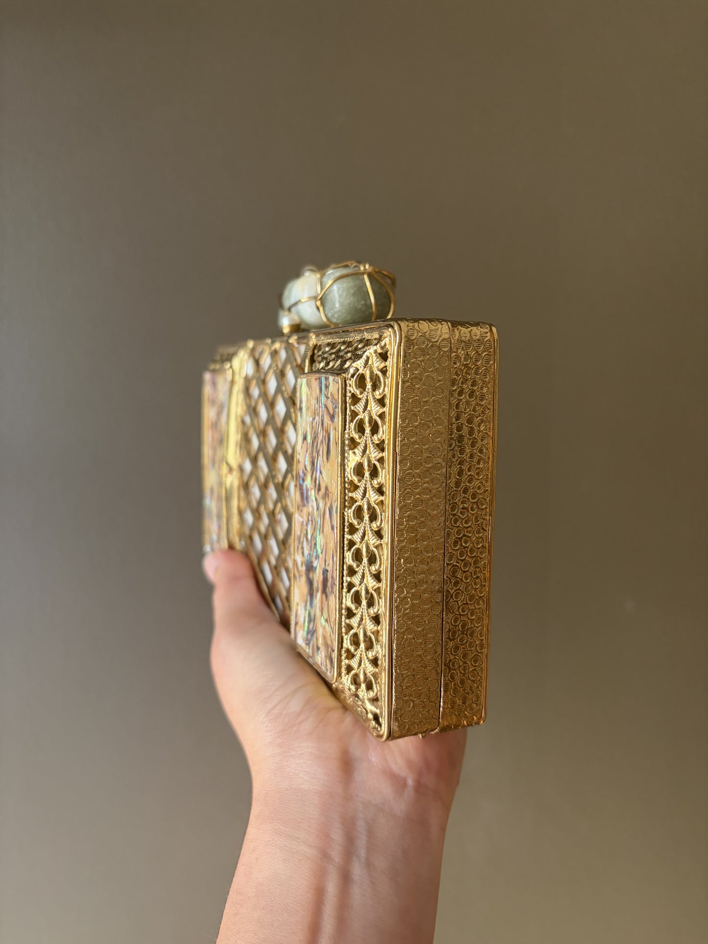Handmade Gold Clutch: Mother of Pearl, Crystal, Rose Quartz Closure