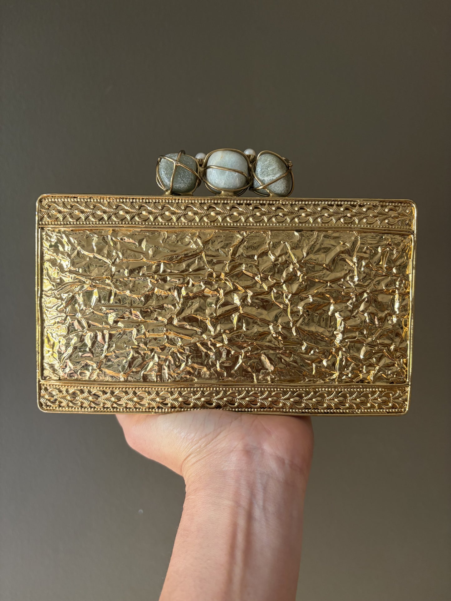Handmade Gold Clutch: Mother of Pearl, Crystal, Rose Quartz Closure