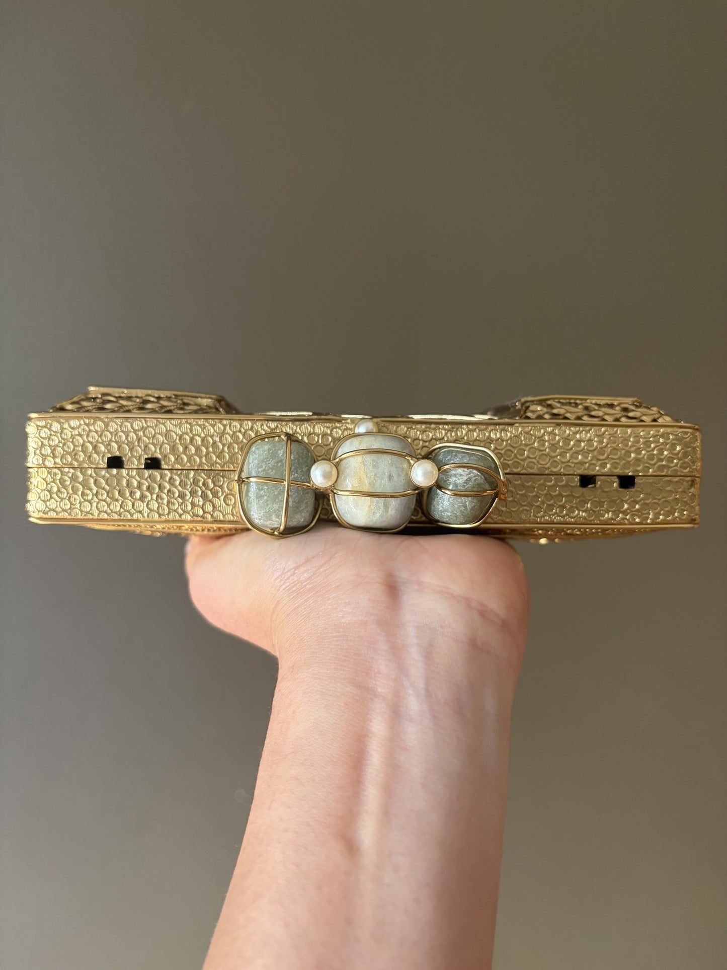 Handmade Gold Clutch: Mother of Pearl, Crystal, Rose Quartz Closure
