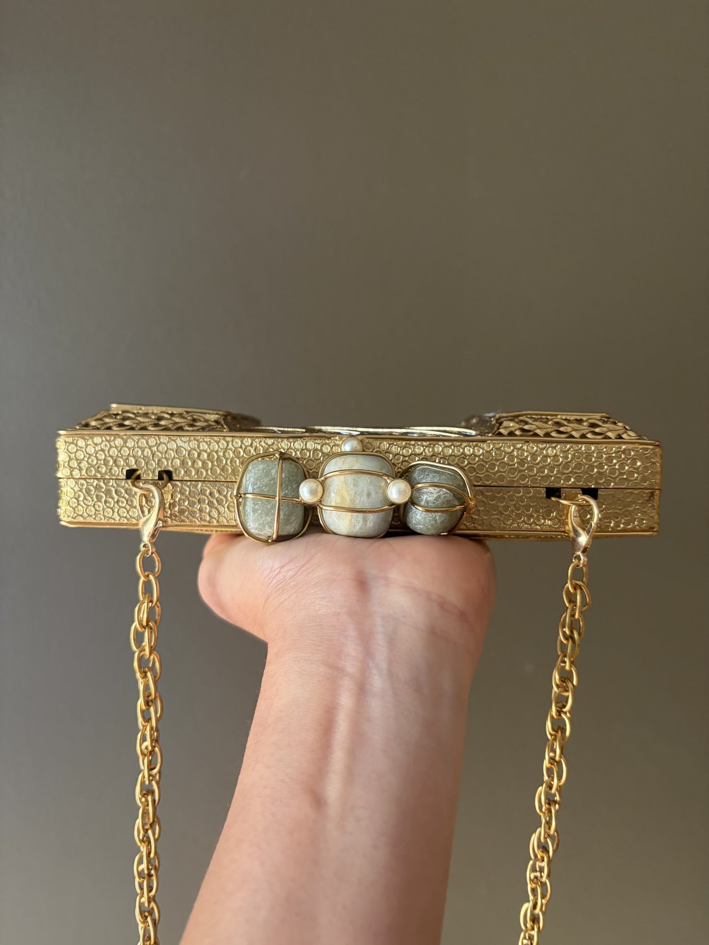 Handmade Gold Clutch: Mother of Pearl, Crystal, Rose Quartz Closure