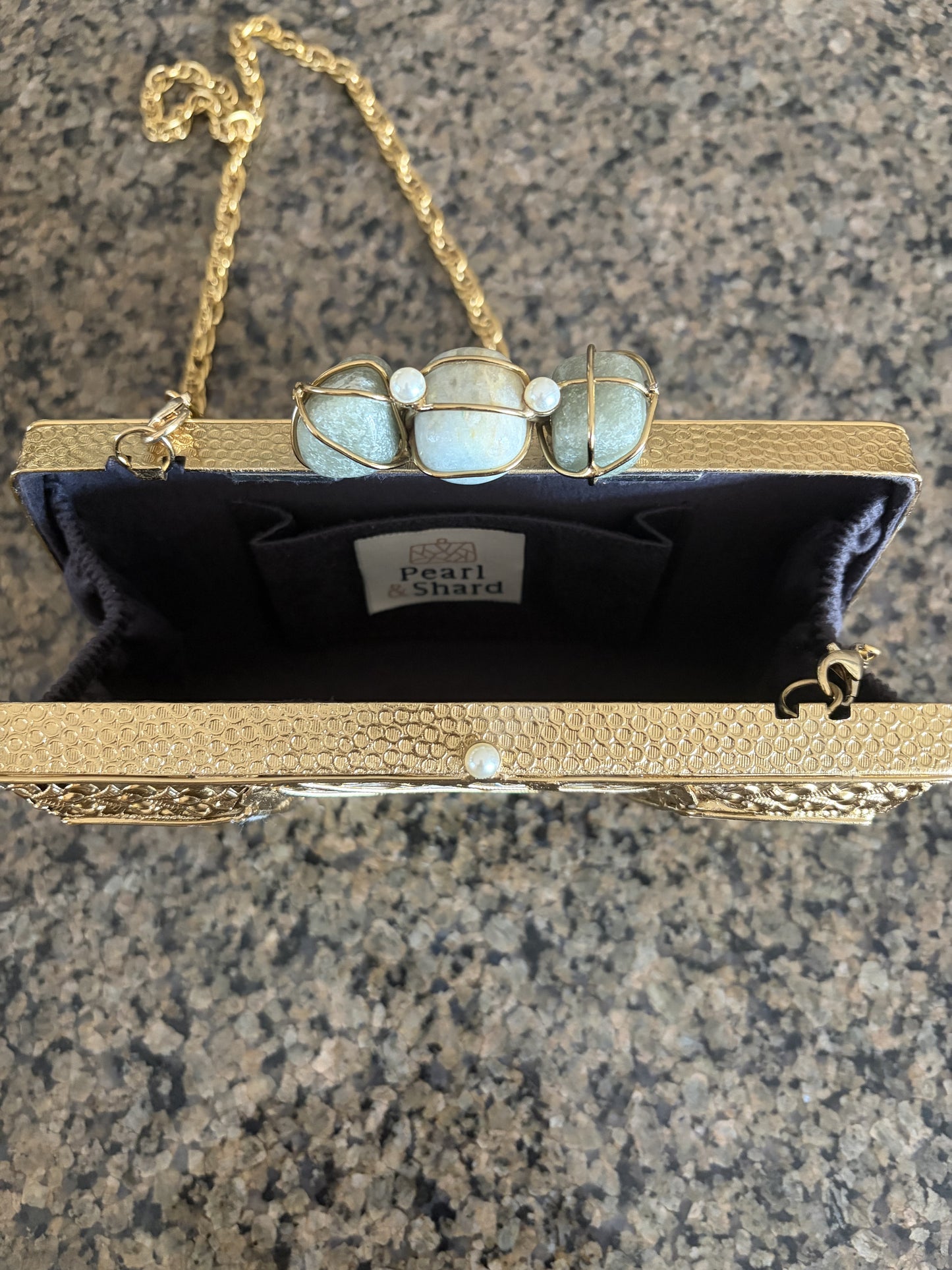 Handmade Gold Clutch: Mother of Pearl, Crystal, Rose Quartz Closure