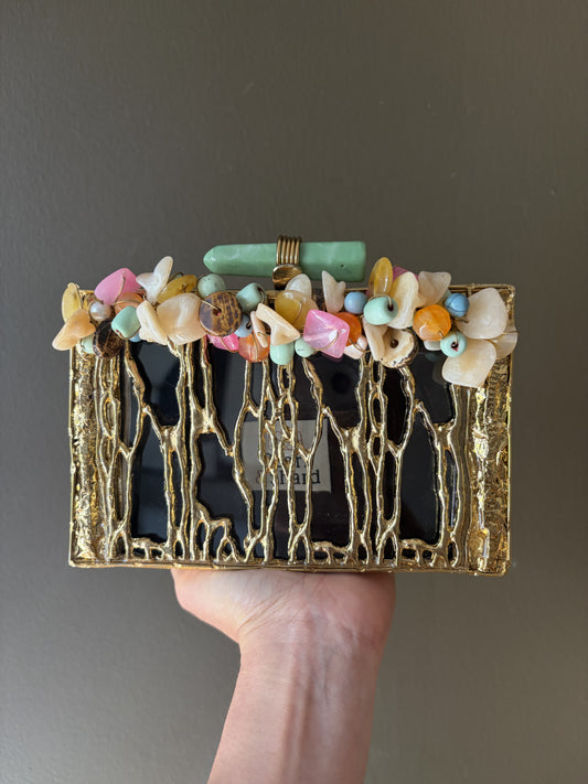 Handmade Gemstone Box Clutch | Black & Gold Evening Bag