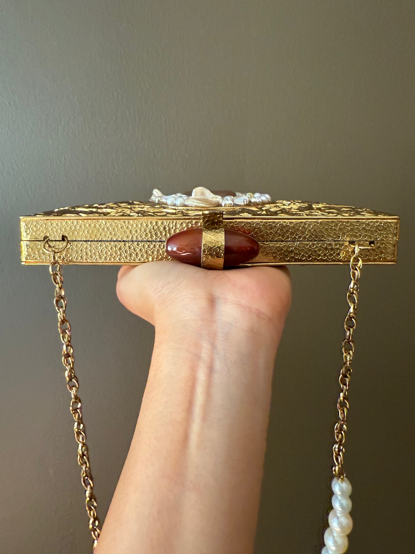 Handmade Gold Half Moon Clutch: Gemstone Clasp, Pearl Chain