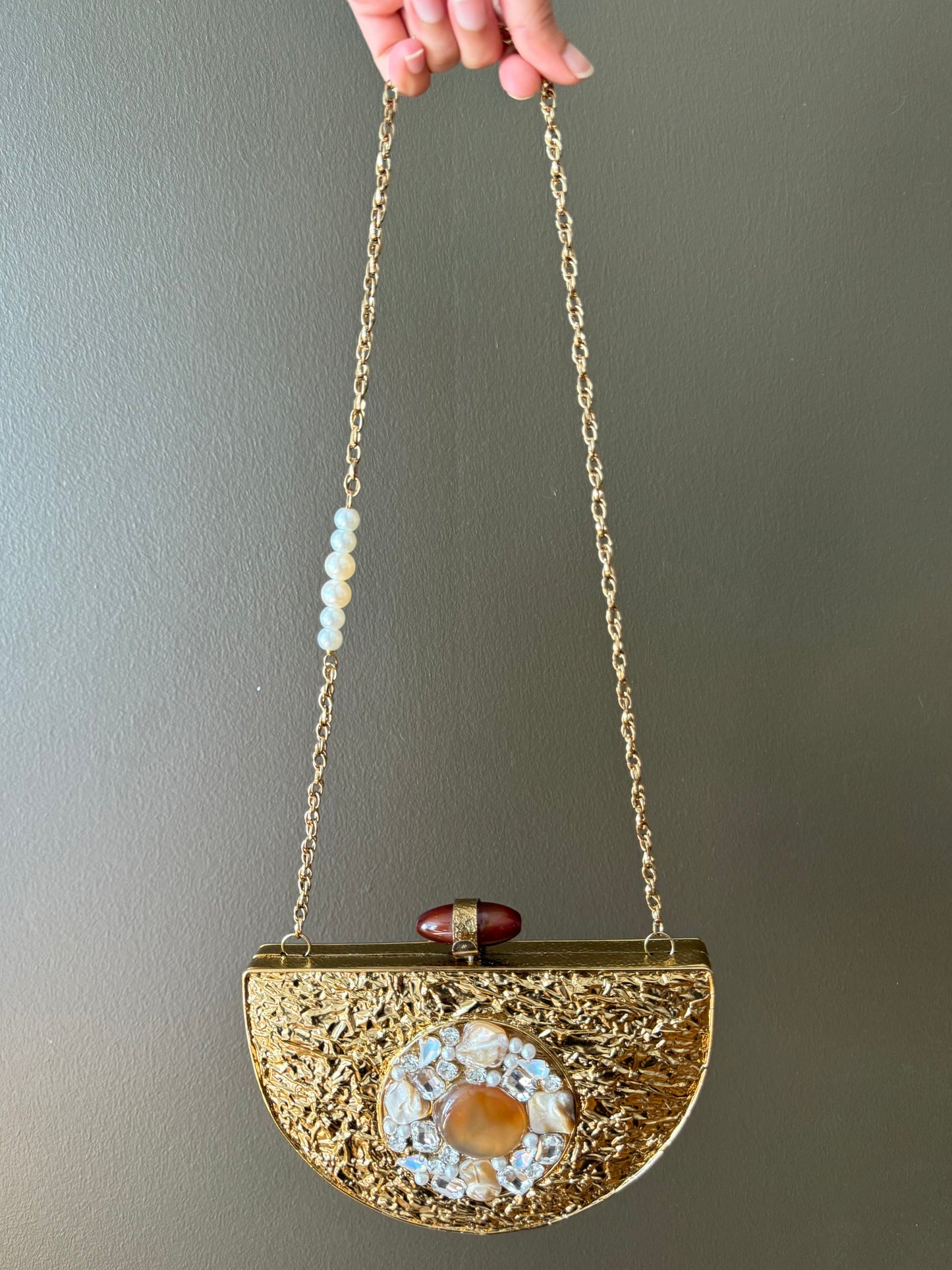 Handmade Gold Half Moon Clutch: Gemstone Clasp, Pearl Chain
