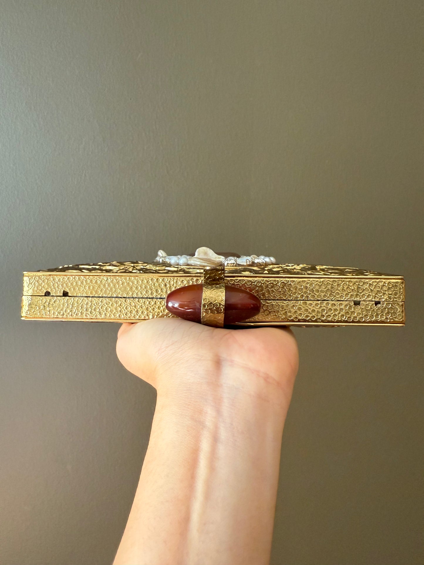 Handmade Gold Half Moon Clutch: Gemstone Clasp, Pearl Chain