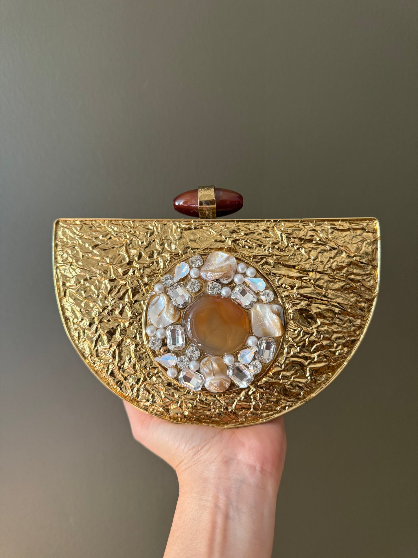 Handmade Gold Half Moon Clutch: Gemstone Clasp, Pearl Chain
