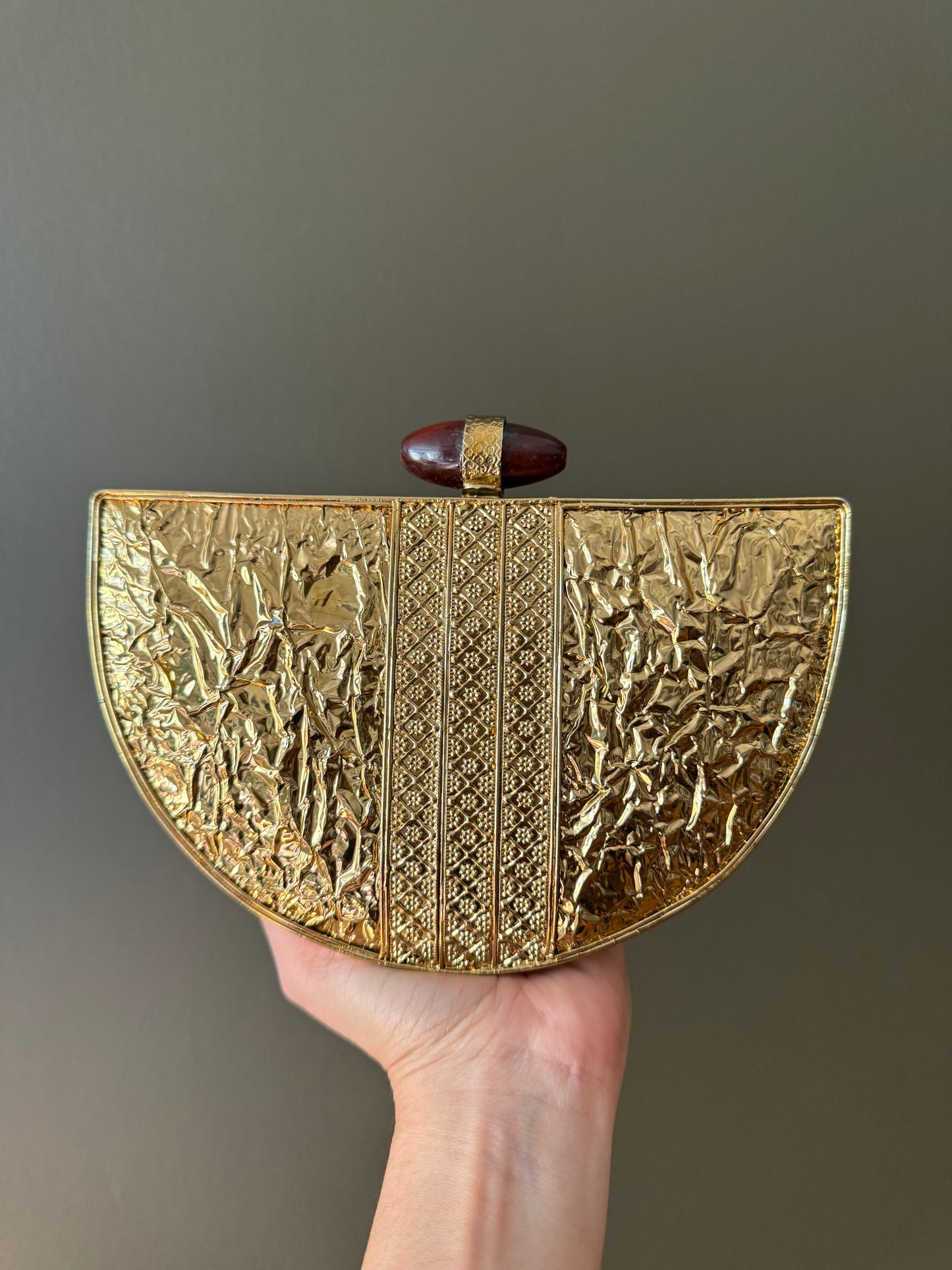 Handmade Gold Half Moon Clutch: Gemstone Clasp, Pearl Chain